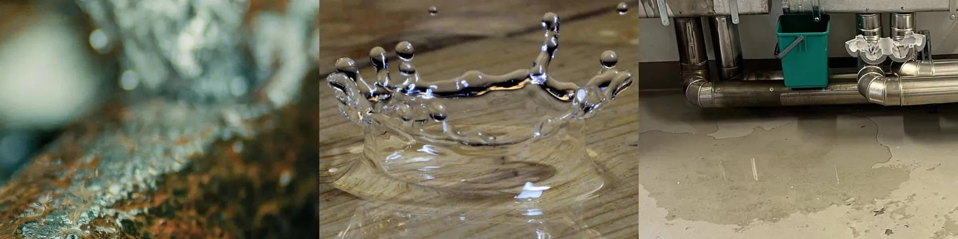 Arbeitsfelder von Andre Wengorra: Wasser tritt an einem rostigen Rohr aus, ein Tropfen schlägt auf nassen Holzboden, Wasserlache vor Rohrleitungen in einem Technikraum