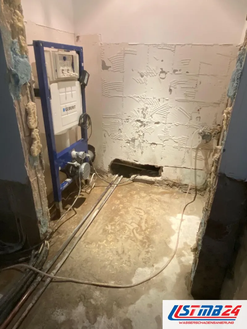 Badsanierung mit Vorwand: blaues Geberit-Element für das Hänge-WC, Wand mit Kleberresten, alte Leitungen im Boden