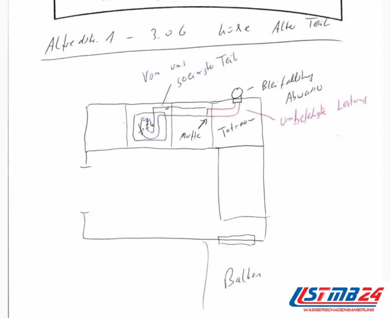 Dokumentation per Handskizze: Grundriss mit Bleifallleitung, Muffe, Totraum und unbelegter Leitung, darunter der Balkon
