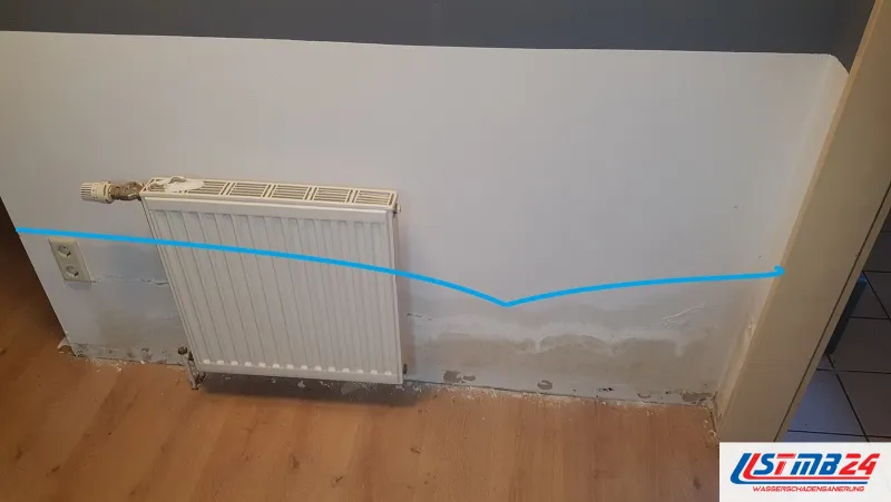 Dokumentation an der Heizkörperwand: blaue Linie über Wasserrändern und Ausblühungen, die Sockelleiste ist abgenommen