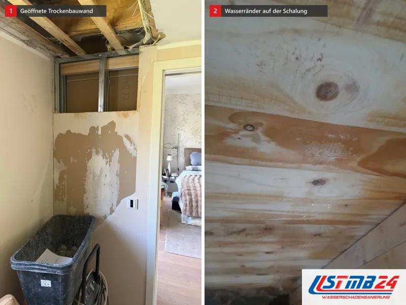 Zwei Ansichten: geöffnete Trockenbauwand mit Metallprofilen und Deckenbalken im Schlafzimmer, daneben Holzschalung mit hellen Wasserrändern