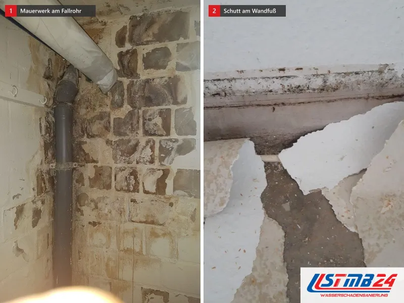 Zwei Ansichten: Wand mit abgeschlagenem Putz, freiem Mauerwerk und grauem Fallrohr, daneben Wandfuß mit abgeplatztem Putz und Schutt
