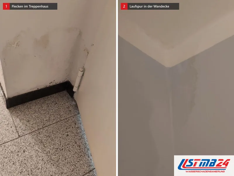 Zwei Ansichten: Treppenhauswand mit gelblichen Flecken und abgeplatzter Farbe über der Sockelleiste, daneben Wandecke mit dunkler Laufspur
