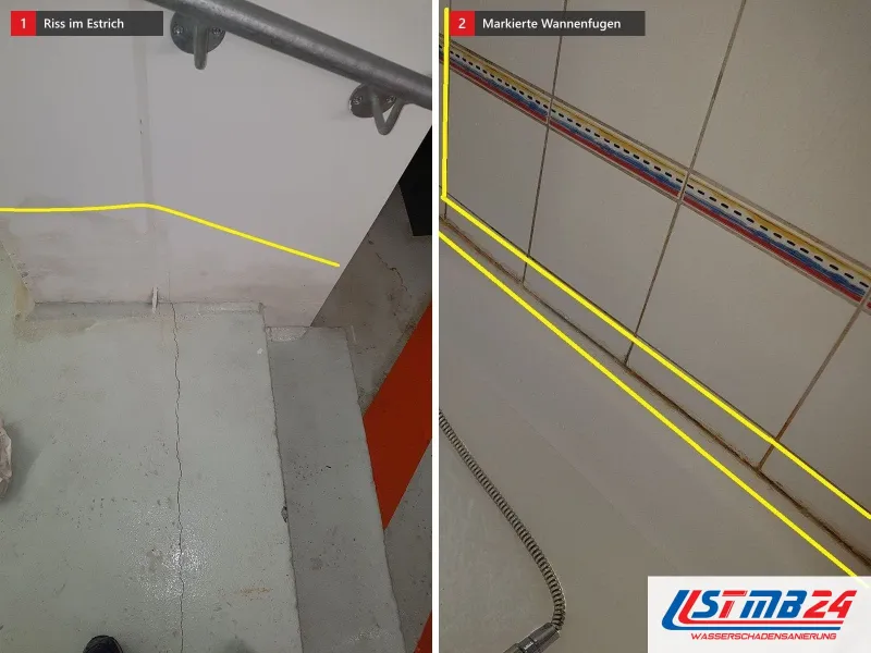 Zwei Ansichten: Treppenabsatz mit Riss im Estrich und gelber Linie an der Wand, daneben Badewanne mit gelb markierten Silikonfugen
