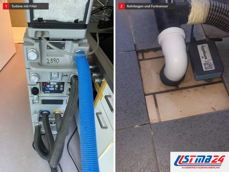 Zwei Ansichten: gestapelte Trocknungseinheit mit Filter und Steuermodul, daneben weißer Rohrbogen auf einer Bohrung im Fliesenboden mit Funksensor