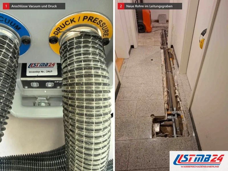 Zwei Ansichten: Trocknungsgerät mit zwei Spiralschläuchen an den Anschlüssen Vacuum und Druck, daneben Flur mit offenem Leitungsgraben