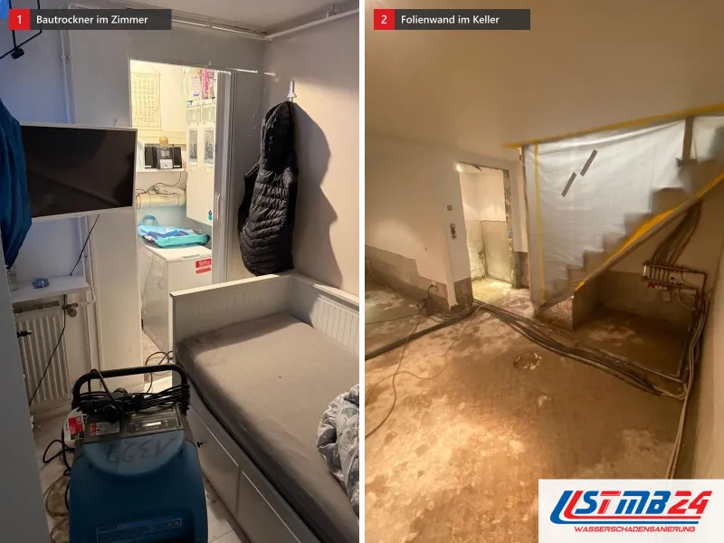Zwei Ansichten: schmales Zimmer mit Tagesbett und blauem Bautrockner, daneben entkernter Keller mit Folienwand vor der Treppe und Heizkreisverteiler