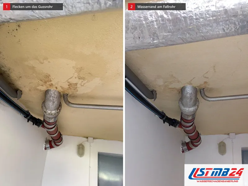 Zwei Ansichten: Kellerdecke mit dunklen Wasserflecken um ein Fallrohr aus Guss neben Leitungen, daneben Fallrohr unter der Decke mit Wasserrand