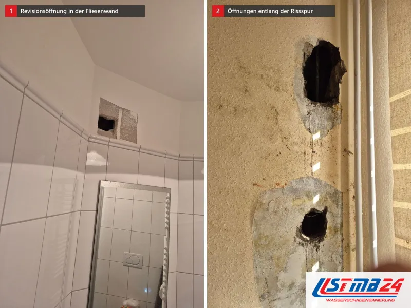 Zwei Ansichten: Revisionsöffnung in einer Fliesenwand, daneben Wand mit zwei Öffnungen entlang einer Rissspur