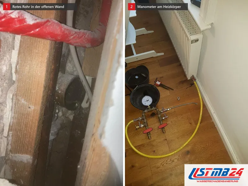 Zwei Ansichten: geöffnete Wand mit Holzbalken und rotem Rohr, daneben Prüfarmatur mit Manometer am Heizkörperanschluss über hellem Holzboden