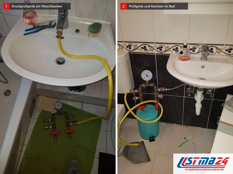Zwei Ansichten: Waschbecken mit Druckprüfgerät auf dem Badvorleger, daneben Bad mit dunklen Fliesen, Prüfgerät und Kanister