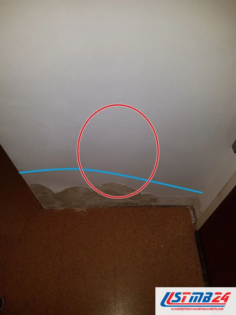 Korkboden vor einer Wand mit abgeplatztem Putz am Fuß, eine blaue Linie zeigt die Höhe der Feuchte, ein roter Kreis markiert die Stelle
