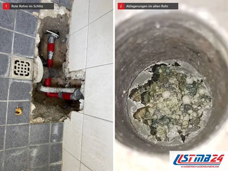 Zwei Ansichten: geöffneter Fliesenboden neben dem Ablauf mit roten Rohren im Schlitz, daneben Blick in ein Rohr mit dichten Ablagerungen