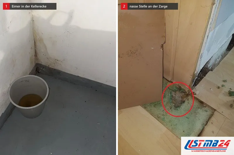 Bildpaar: braunes Wasser im Eimer unter einer vollgesogenen Kellerwand und Laminat, das an einer Türzarge herausgenommen wurde