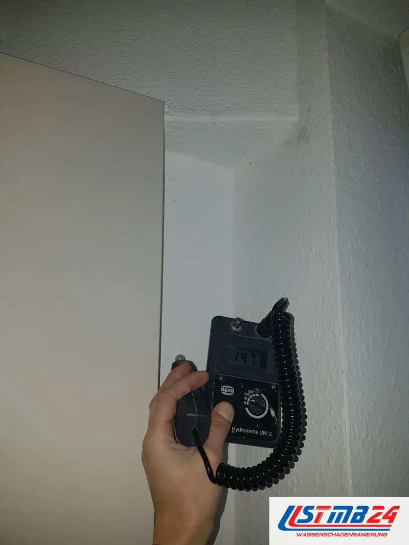Feuchtemessgerät mit 147,1 auf dem Display in einer Nische neben dem Hochschrank, oben in der Ecke dunkle Flecken