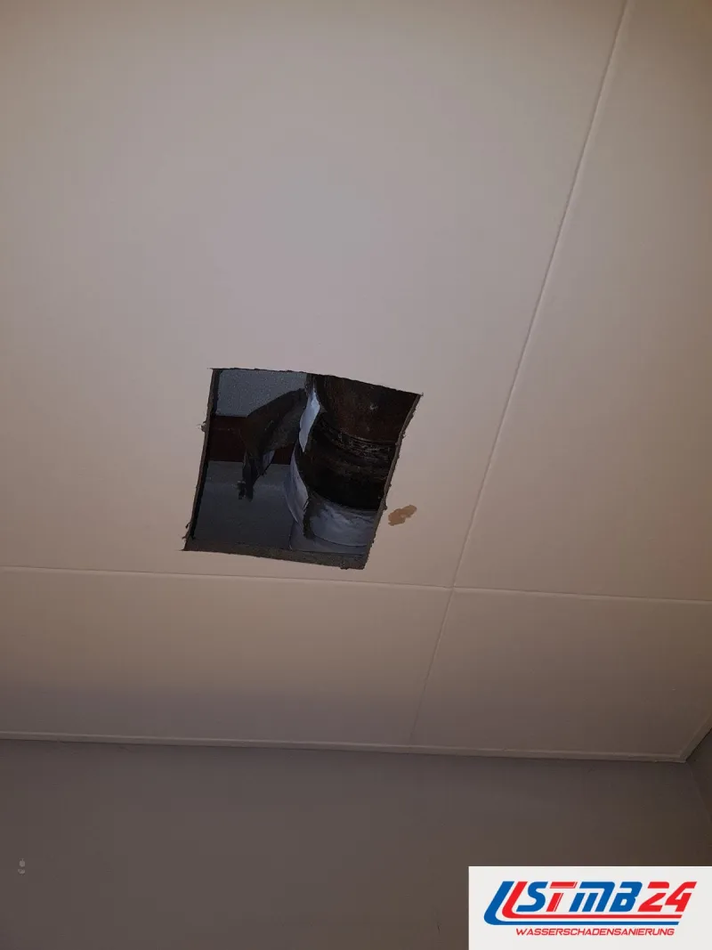 Quadratische Öffnung in einer Deckenverkleidung, dahinter ein altes Gussrohr mit Muffe und nasser, aufgerissener Dämmung