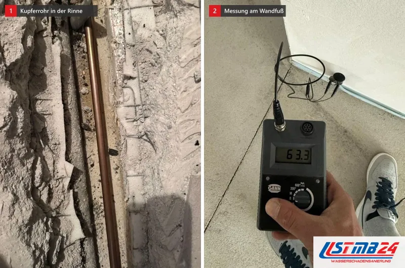 Kupferrohr in einer aufgestemmten Estrichrinne neben einer Hydromette, deren Elektroden am Übergang von Wand und Estrich sitzen