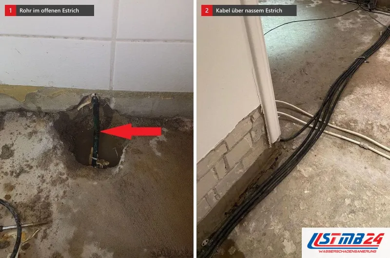 Links ein roter Pfeil auf ein Rohr im geöffneten Estrich unter Wandfliesen, rechts Kabelbündel über einem fleckigen Estrich