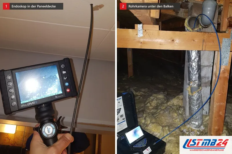 Endoskop mit Monitor an einer Paneeldecke und daneben die Rohrkamera, deren blaues Kabel unter eine Holzbalkenlage führt
