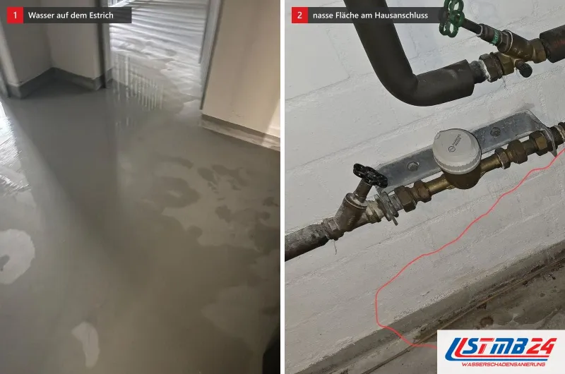 Links steht Wasser in Lachen auf grauem Neubauestrich, rechts eine Kellerecke mit Wasserzähler, die nasse Fläche rot umrandet