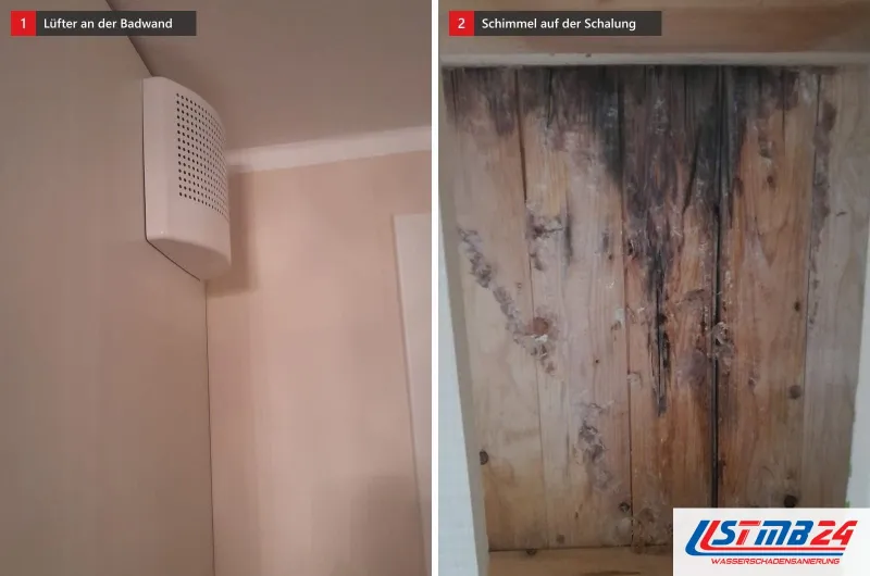 Ein weißer Lüfter an einer rosa Badwand, daneben eine Holzschalung mit dunklen Wasserläufen und Schimmelflecken