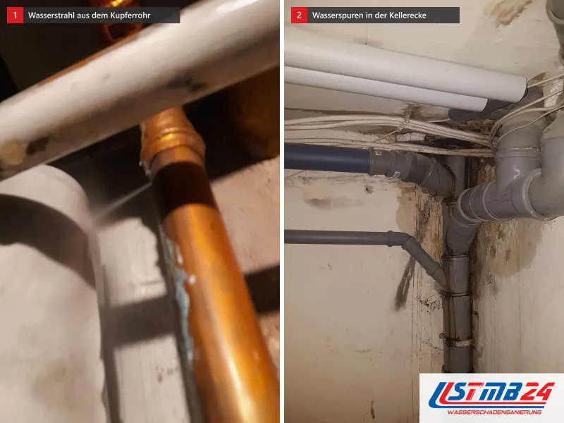 Zwei Ansichten: feiner Wasserstrahl aus einem Kupferrohr mit Grünspan im Keller, daneben Kellerecke mit Stromkabeln, Abwasserrohren und Wasserspuren