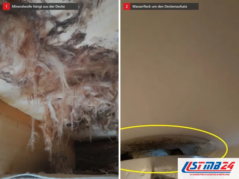 Zwei Ansichten: verschmutzte Mineralwolle hängt aus einer Decke, daneben dunkler Wasserfleck rund um einen runden Metallaufsatz, gelb umkreist