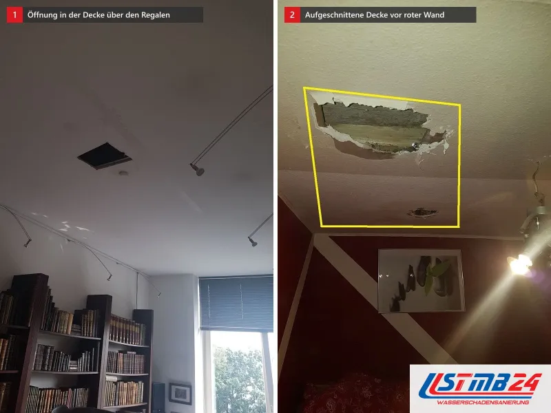 Zwei Ansichten: Zimmer mit Bücherregalen und quadratischer Öffnung in der Decke, daneben gelb eingerahmter Deckenschnitt über einer roten Wand
