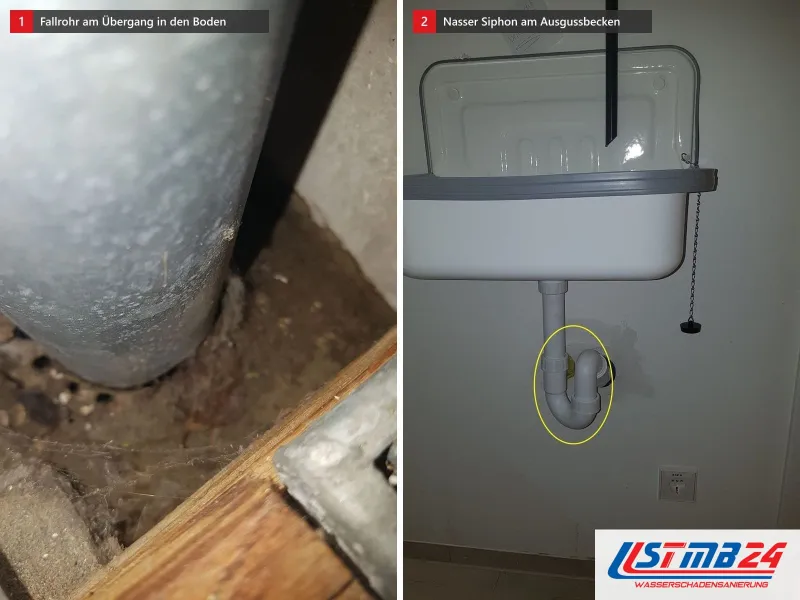 Zwei Ansichten: Fallrohr am Übergang in den Boden, daneben Ausgussbecken aus Kunststoff mit gelb umkreistem Siphon und Steckdose darunter