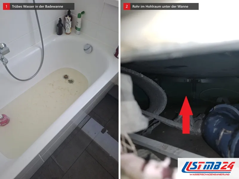 Zwei Ansichten: Badewanne halb voll mit trübem Wasser und Schmutz am Ablauf, daneben Hohlraum unter einer Wanne mit rotem Pfeil auf das Rohr