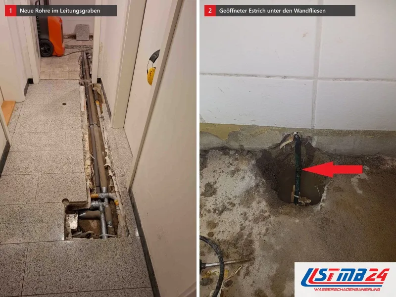 Zwei Ansichten: Leitungsgraben mit neuen Rohren im Granitflur vor einem orangen Trockner, daneben geöffneter Estrich mit rotem Pfeil auf das Rohr