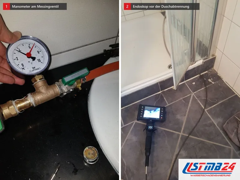 Zwei Ansichten: Manometer am Messingventil in der Hand gehalten, daneben Endoskop auf dunklen Fliesen vor einer Duschabtrennung