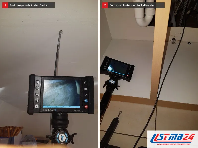 Zwei Ansichten: Endoskop, dessen Sonde in die Decke führt, daneben Videoendoskop unter dem Waschtisch mit Kabel im Spalt hinter der Sockelblende