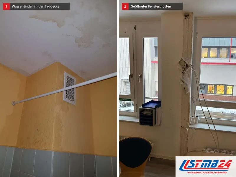 Zwei Ansichten: Bad mit gelben Wänden und Wasserrändern an der Decke, daneben Bürofenster mit geöffneter Pfostenverkleidung und Kabeln