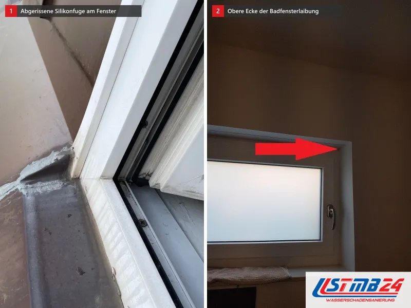 Zwei Ansichten: Kunststofffenster mit abgerissener Silikonfuge an der Fensterbank, daneben Badfenster mit rotem Pfeil auf die obere Rahmenecke
