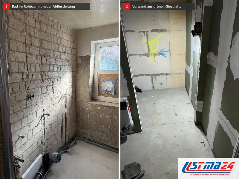 Zwei Ansichten: Raum im Rohbau mit Fenster und neuer Abflussleitung am Boden, daneben schmale Kammer aus grünen Gipsplatten vor Kalksandstein