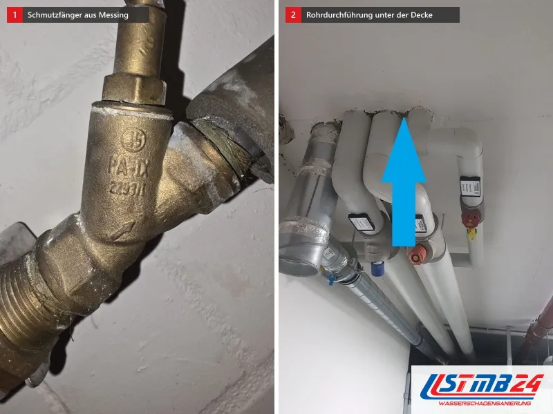 Zwei Ansichten: Schmutzfänger aus Messing an der Leitung, daneben gedämmte Rohre unter der Decke mit blauem Pfeil auf die Wanddurchführung