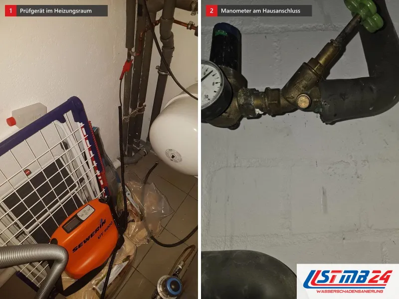 Zwei Ansichten: Prüfgerät vor dem Ausdehnungsgefäß im Heizungsraum, daneben Messingarmatur mit Manometer und Handrad an der Hauswasserleitung