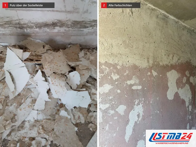 Zwei Ansichten: abgeplatzter Putz vor einer Wand mit Sockelleiste, daneben Wand mit Resten alter rosa Farbe und weißen Spachtelflecken
