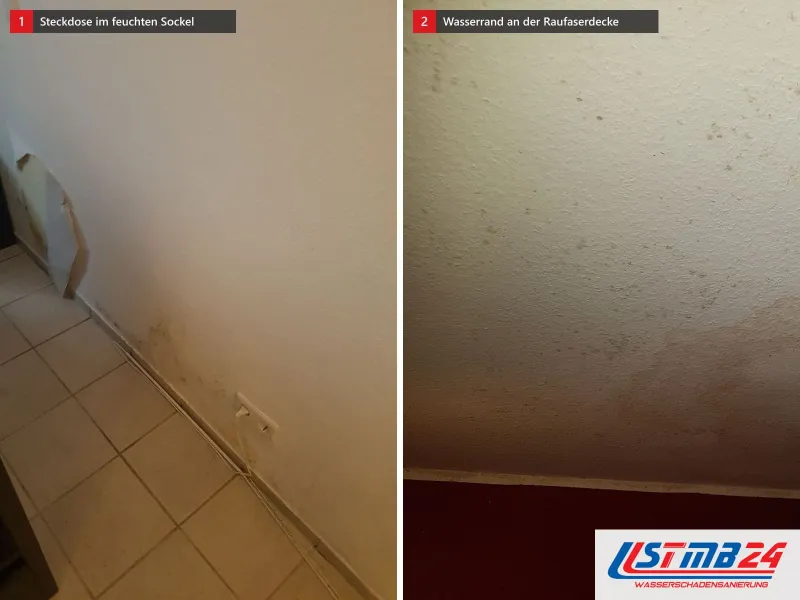 Zwei Ansichten: Steckdose in einer feuchten Wand über hellen Bodenfliesen, daneben Raufaserdecke mit braunem Wasserrand über roten Wänden