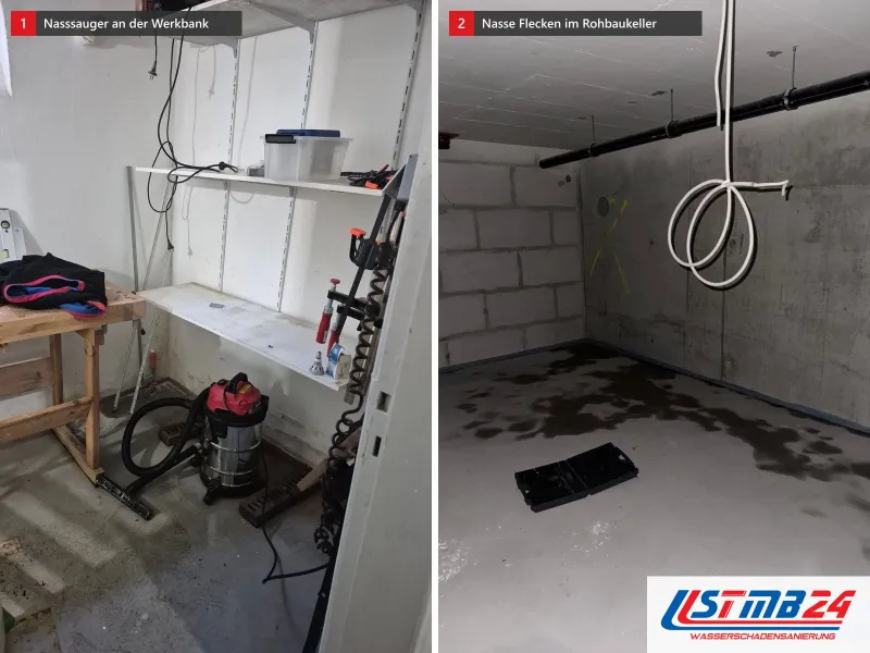 Zwei Ansichten: Hobbykeller mit Werkbank, Regal und Nasssauger am Boden, daneben Kellerraum mit Betonwänden und nassen Flecken auf dem Boden
