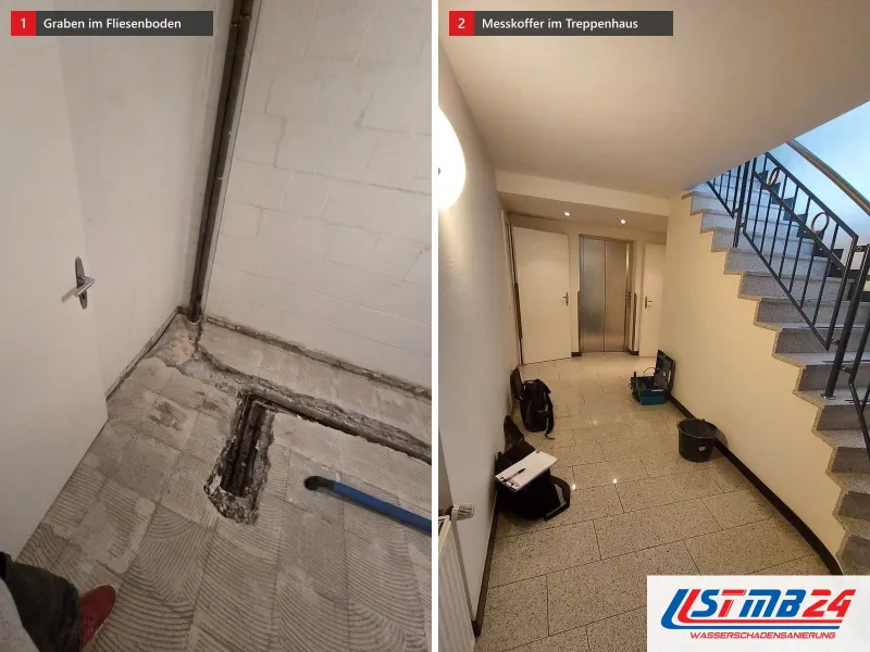 Zwei Ansichten: aufgestemmter Leitungsgraben im Fliesenboden mit freigelegtem Rohr, daneben Treppenhaus mit nassem Steinboden und Messkoffer