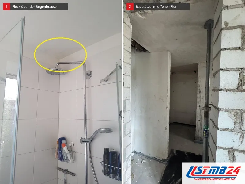 Zwei Ansichten: Dusche mit Regenbrause und gelb umkreister Stelle an der Decke, daneben entkernter Gang mit Kalksandsteinwänden und Baustütze