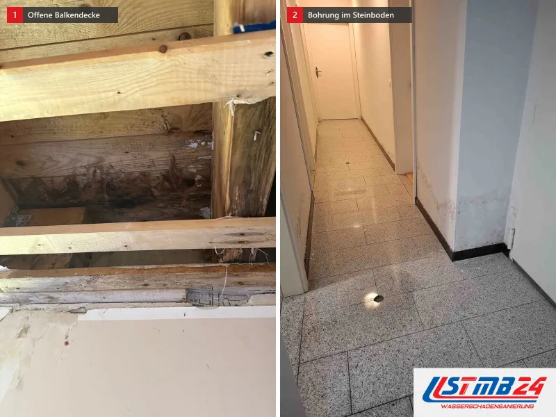 Zwei Ansichten: offene Holzbalkendecke mit dunklen Bohlen, daneben Flur mit Steinboden und einer Bohrung im Boden