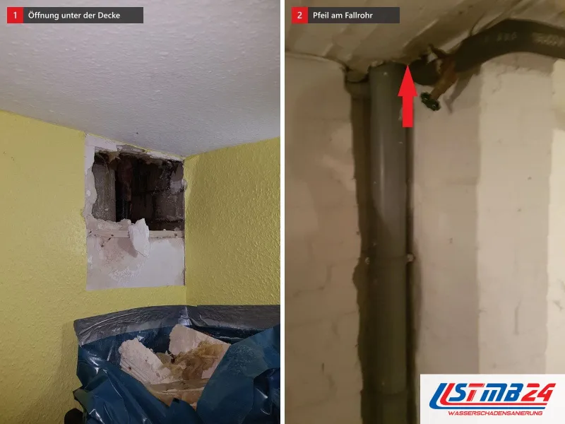 Zwei Ansichten: gelbe Wand mit Öffnung unter der Decke und Schutt in blauer Folie, daneben graues Fallrohr im Keller mit rotem Pfeil