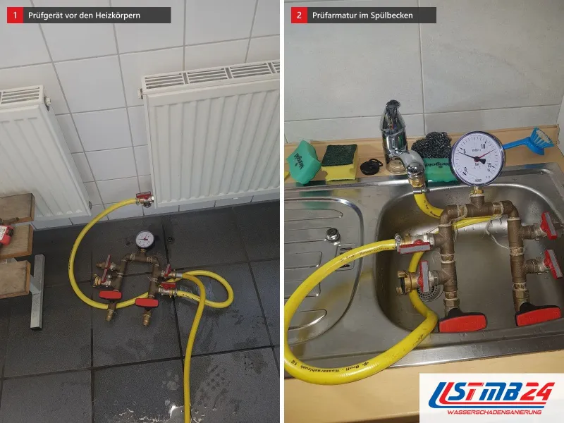 Zwei Ansichten: Druckprüfgerät mit Schläuchen vor zwei Heizkörpern, daneben Messingarmatur mit Manometer und roten Kugelhähnen im Spülbecken