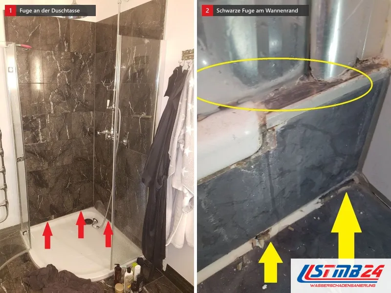 Zwei Ansichten: Dusche mit dunklen Fliesen und roten Pfeilen auf die Fuge der Duschtasse, daneben Wannenrand mit gelb umrandeter schwarzer Fuge