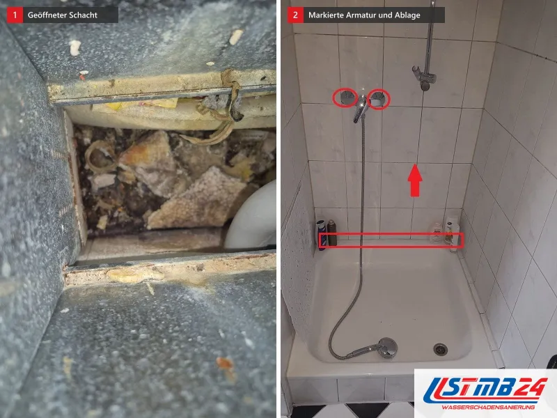 Zwei Ansichten: geöffneter Schacht mit Schutt, daneben Dusche mit rot umkreister Armatur und rot eingerahmter Ablage