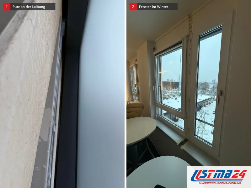 Zwei Ansichten: Fensterlaibung mit abgeplatztem Putz am Rahmen, daneben Raum mit Fenster und Tisch, draußen liegt Schnee