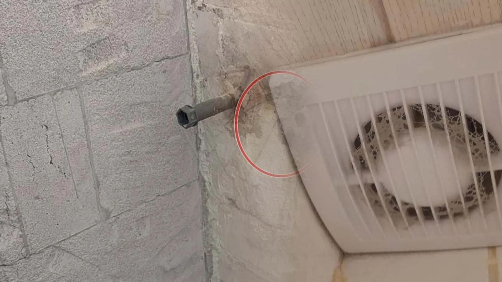 Badlüfter in einer Holzdecke mit leuchtender roter Anzeige, die Leisten daneben dunkel verfärbt